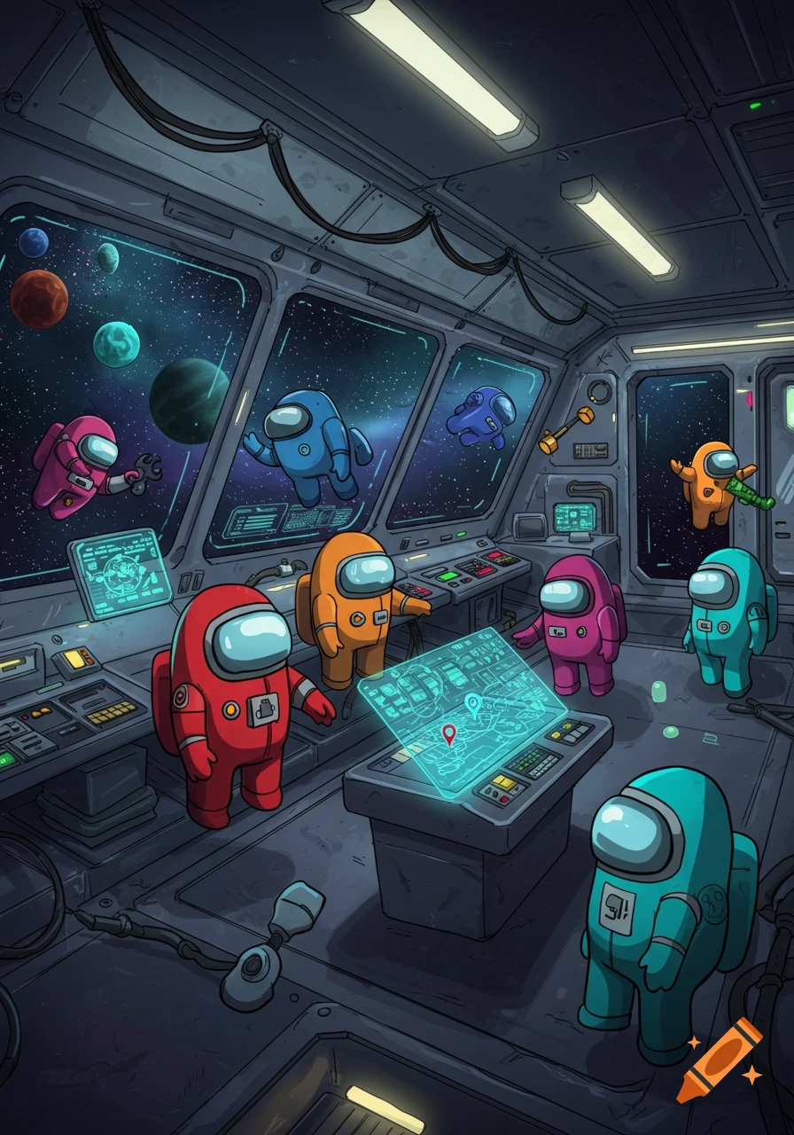 A colorful group of Among Us characters on the bridge of a spaceship, looking out at planets in space. Cartoon style.