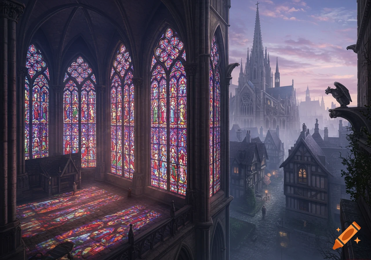 Vibrant stained glass windows inside a grand gothic cathedral, overlooking a misty medieval village and distant cathedral.