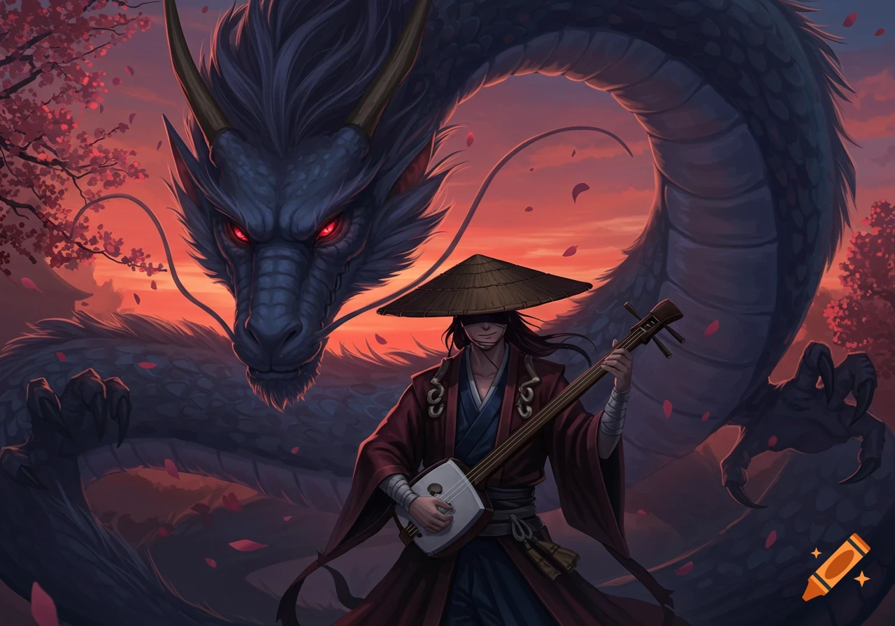 Anime art of an eyesless bard in a straw hat and kimono playing a shamisen in front of a giant blue dragon with red eyes, at sunset with cherry blossoms.
