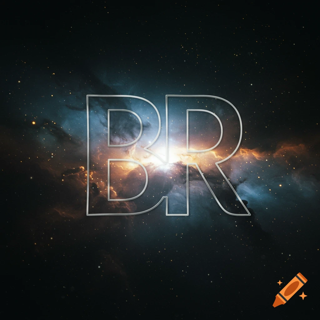 Stylized silver letters 'BR' against a vibrant cosmic nebula background with stars.