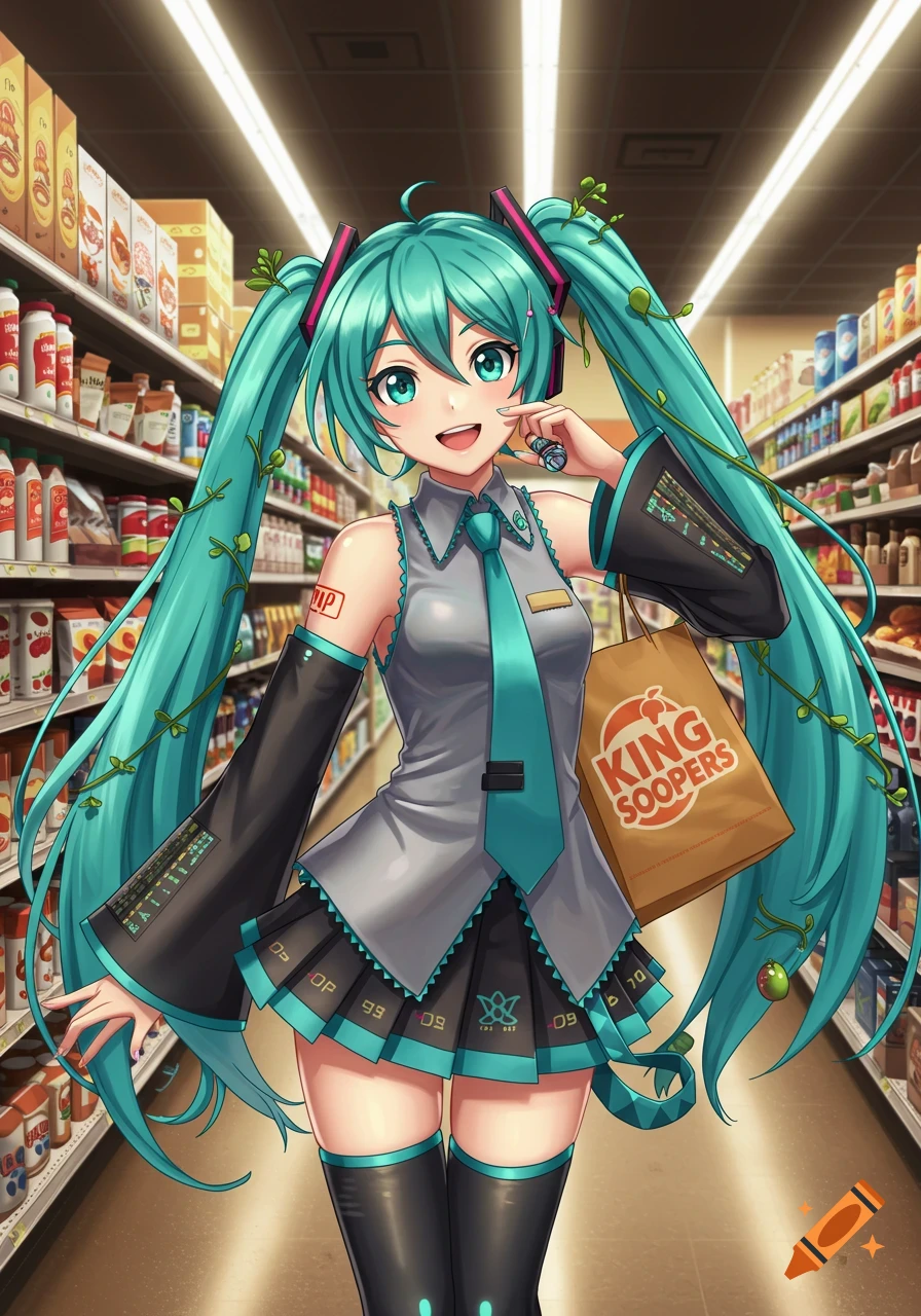 Anime character Hatsune Miku, with long teal pigtails, smiles in a grocery store aisle, holding a "King Soopers" shopping bag.