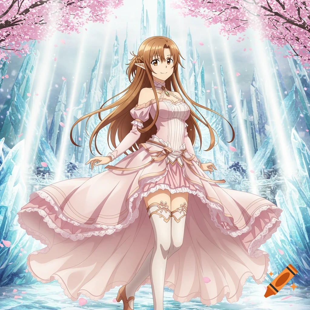 Anime character Asuna in a flowing pink dress, standing in a fantasy setting with ice castles and cherry blossoms.
