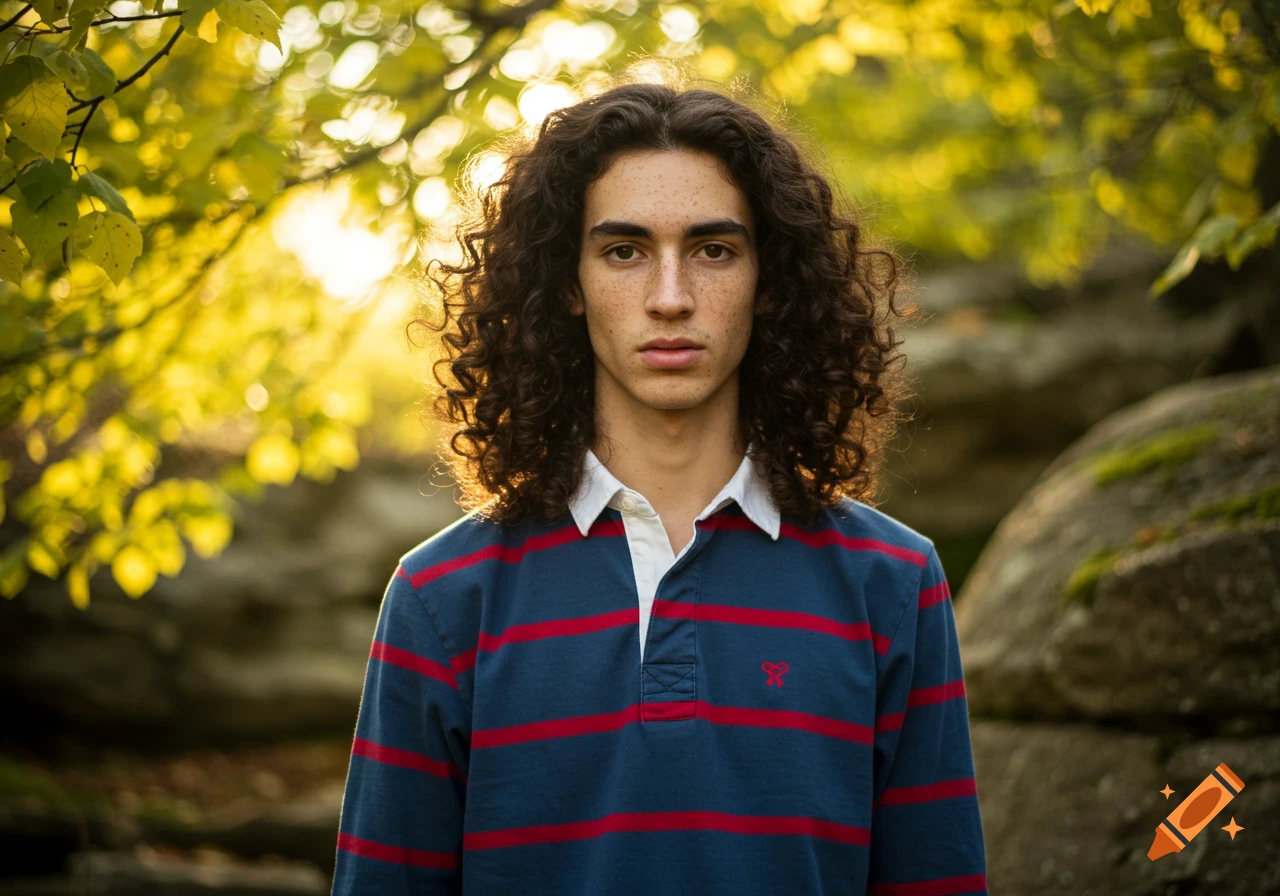 A photorealistic portrait of a young man with long curly dark hair and freckles, wearing a blue and red striped rugby shirt, in dappled light with yellow-green leaves.