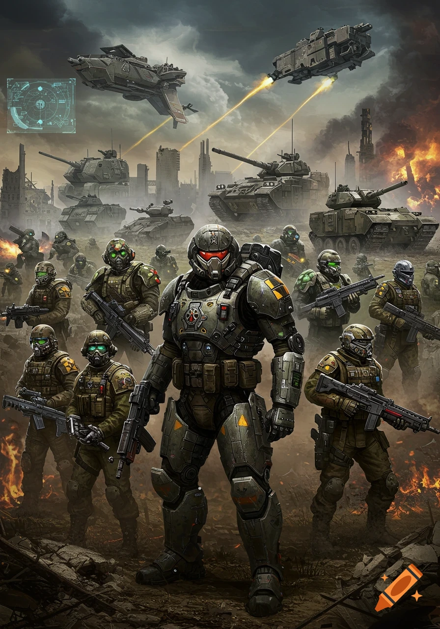 Futuristic soldiers in armor with tanks and flying warships in a destroyed, grimdark cityscape under a stormy sky.