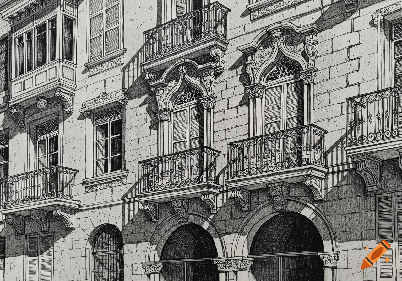 Detailed black and white sketch of an old building facade with ornate balconies, windows, and arched entrances, casting shadows.