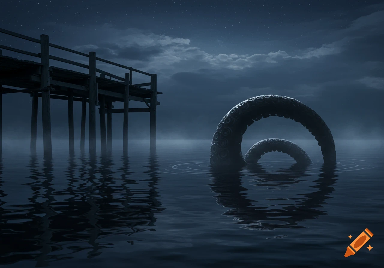 A large, shadowy tentacle emerges from dark, misty water next to a wooden dock under a starry night sky, with reflections.