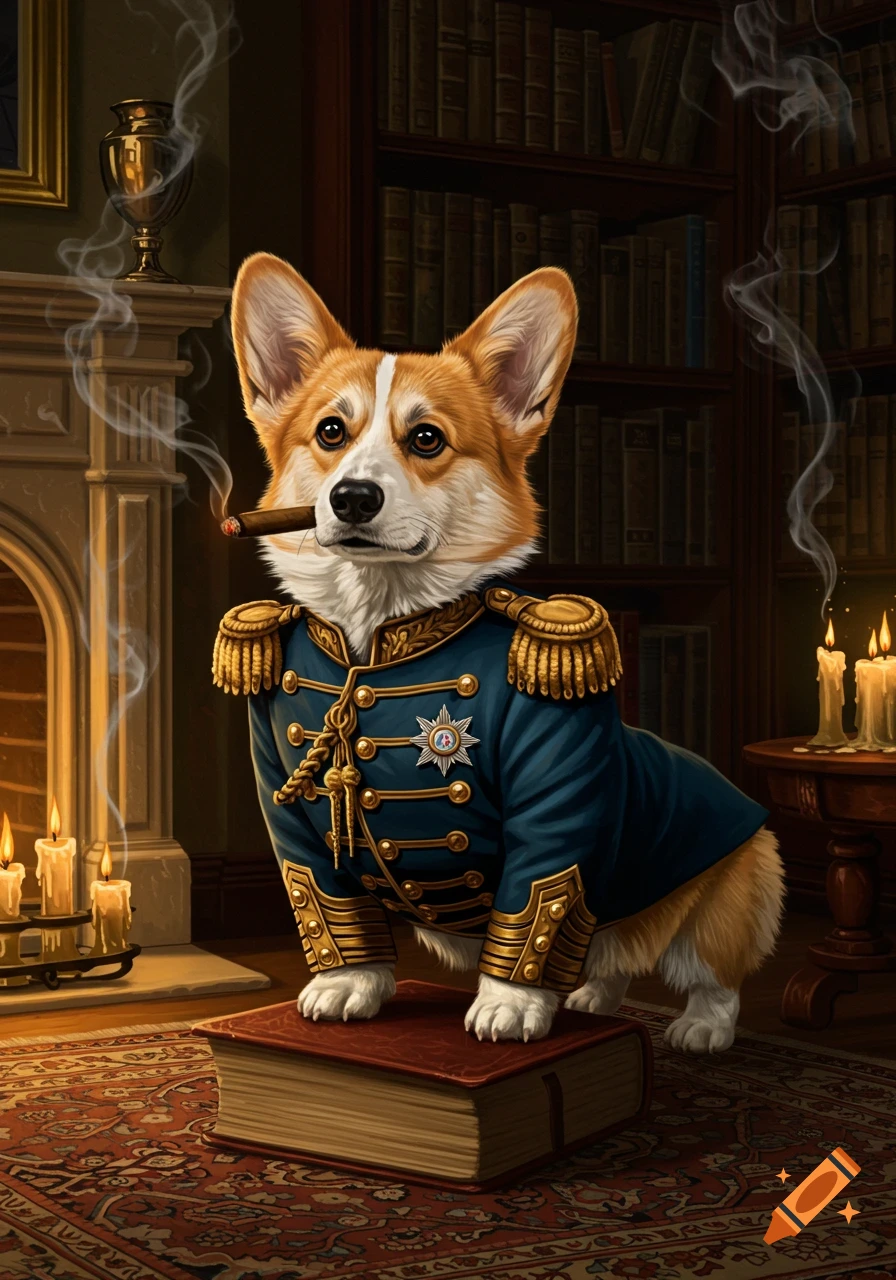 A distinguished corgi in a blue and gold British officer uniform smokes a cigar, standing on a book in a dimly lit library.