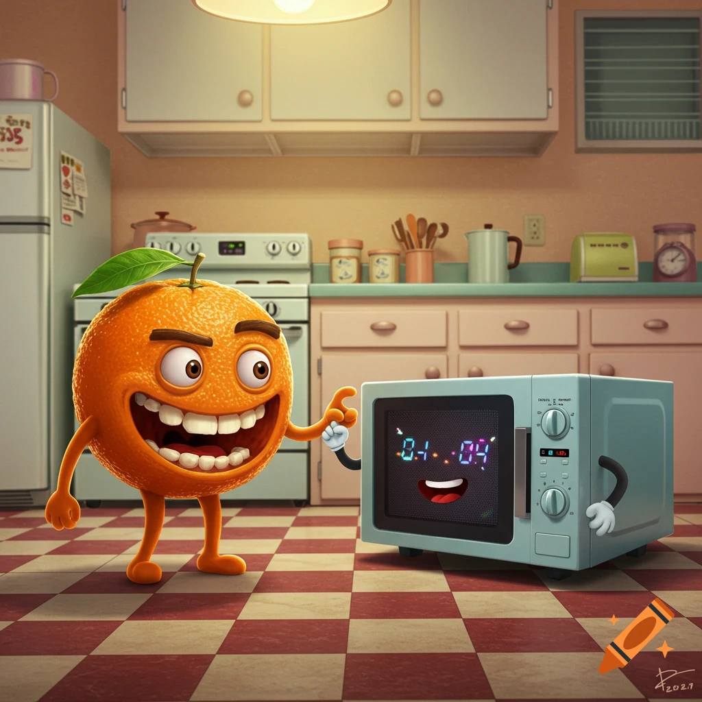 A happy anthropomorphic orange points at a smiling blue microwave with a digital display in a cozy kitchen.