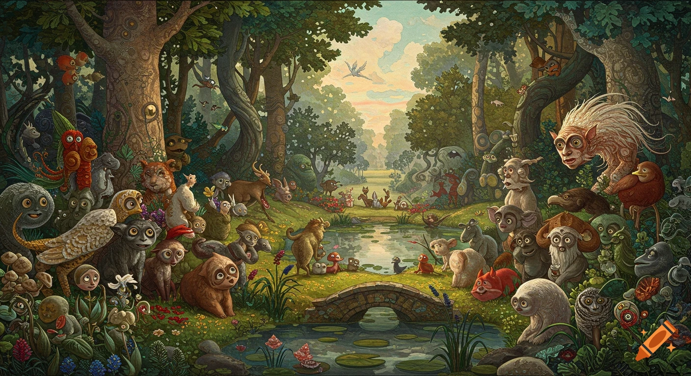A detailed, whimsical illustration of many curious, fantastical creatures in a lush forest with a stream and stone bridge.