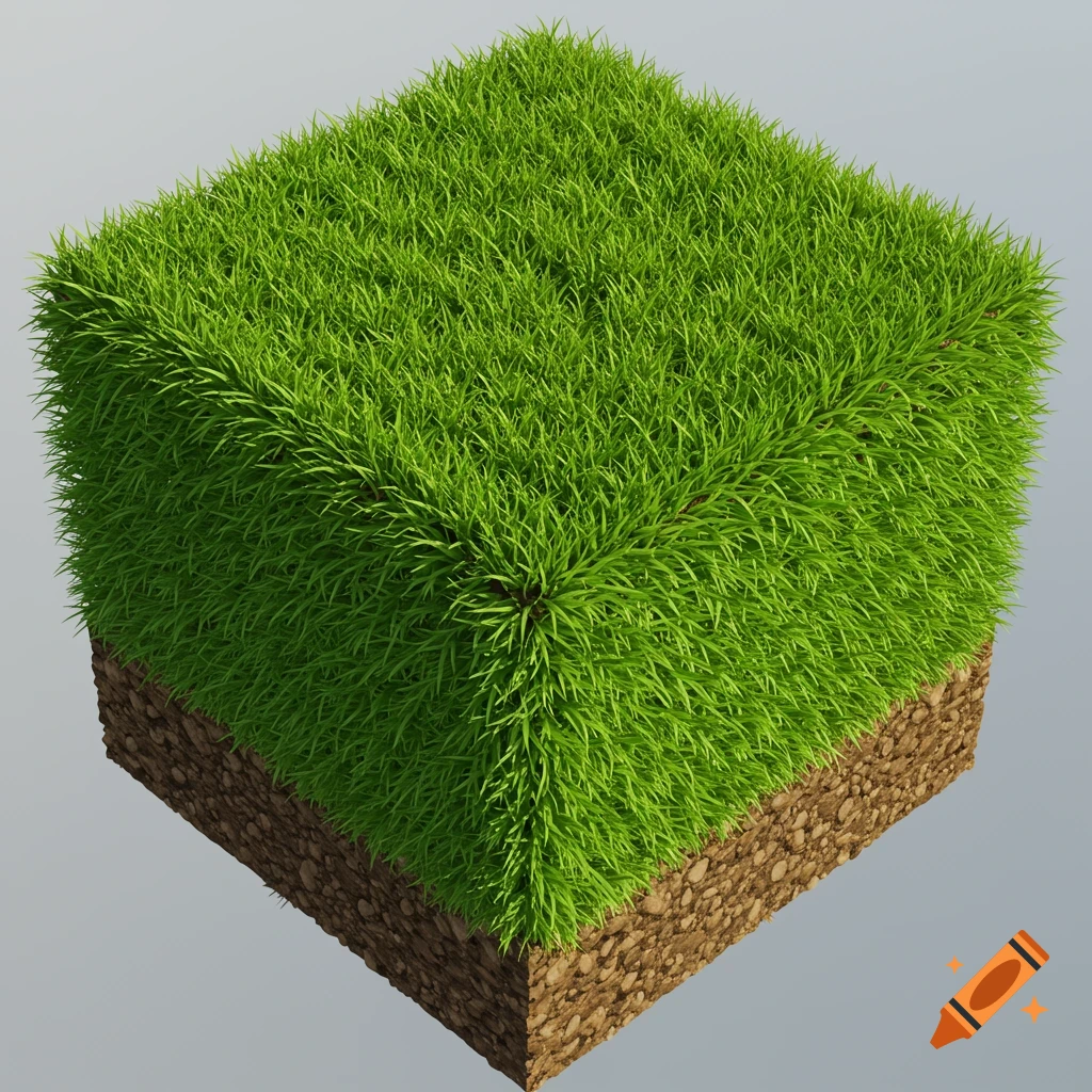 An isometric view of a cube-shaped grass block, with lush green grass on top and brown dirt with rocks on the exposed sides.