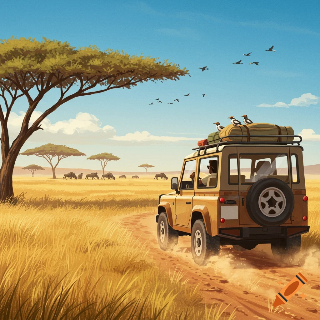 A tan safari jeep drives on a dirt road through a golden savanna, with acacia trees, grazing wildebeest, and birds in the sky.