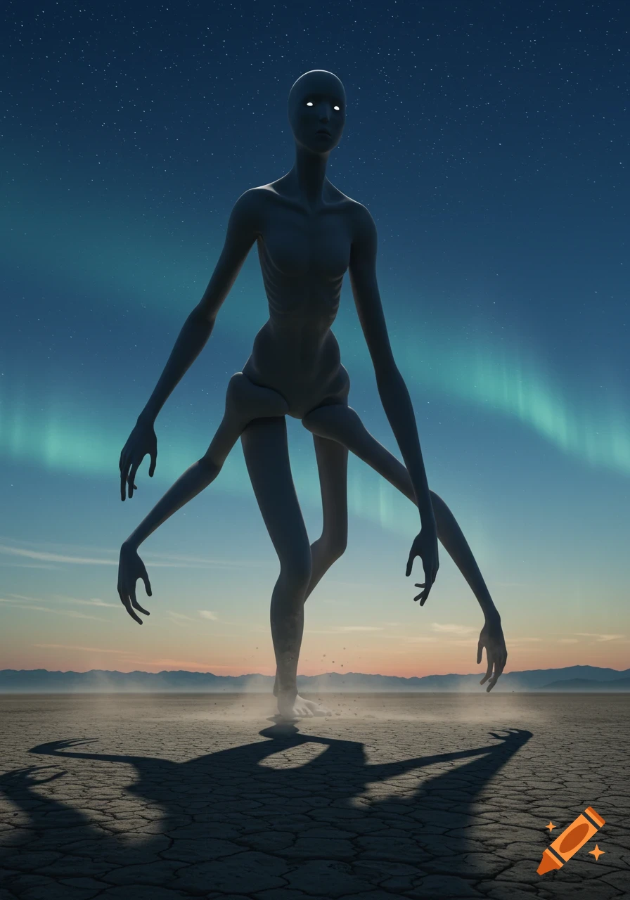 A gaunt, faceless humanoid creature with multiple limbs stands in a barren desert under a night sky with aurora borealis.