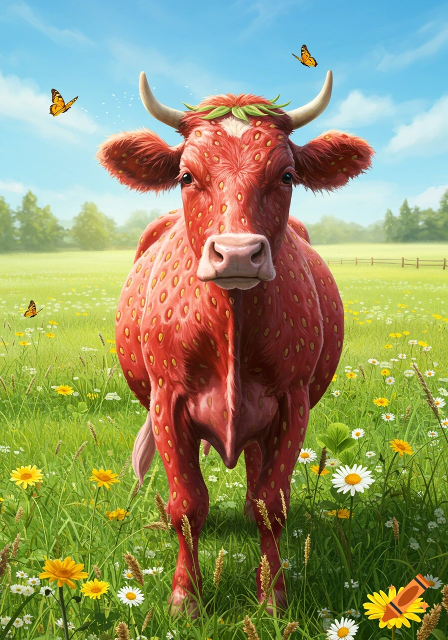 A whimsical strawberry-textured cow stands in a sunlit green meadow with wildflowers and butterflies.