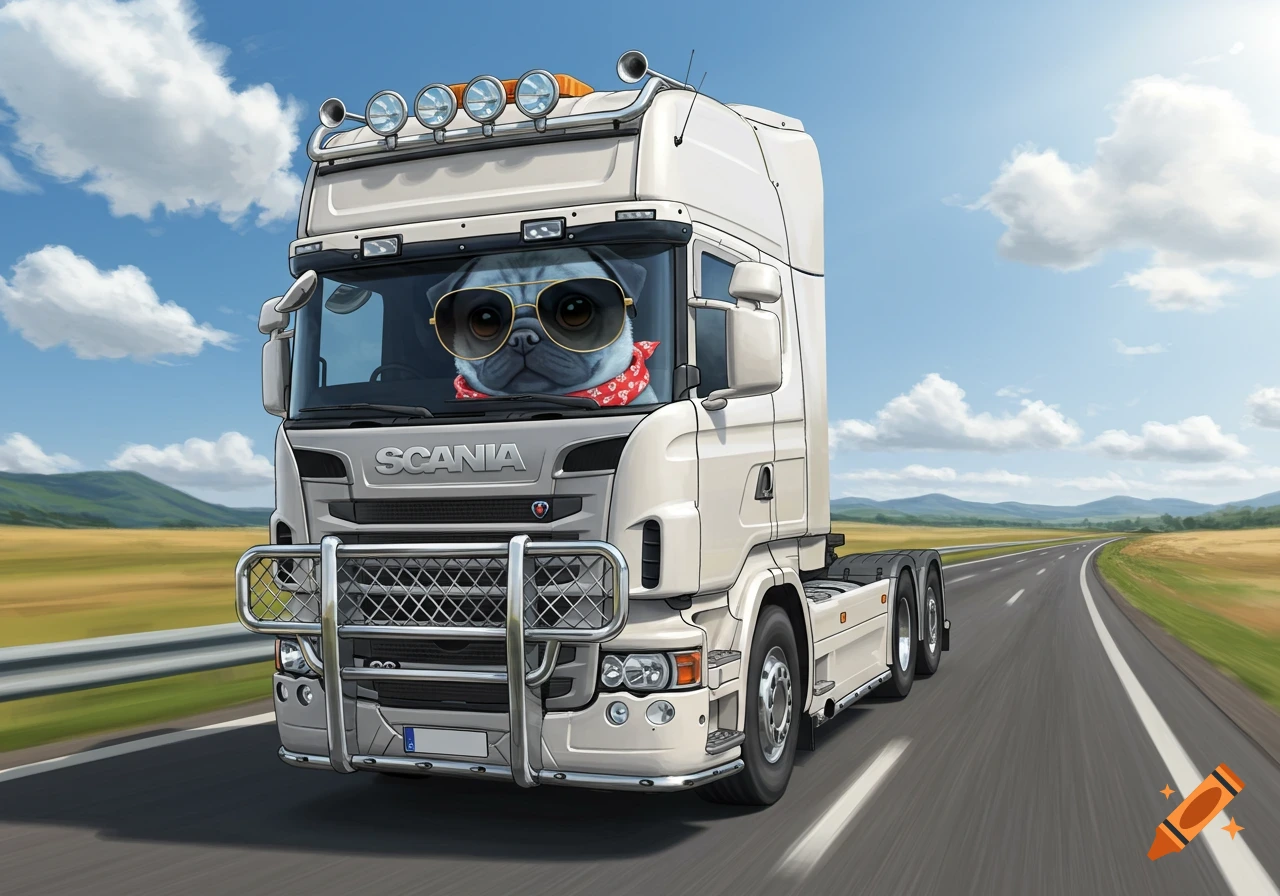 An illustration of a blue pug in sunglasses driving a white Scania truck with a bull bar on a sunny road.