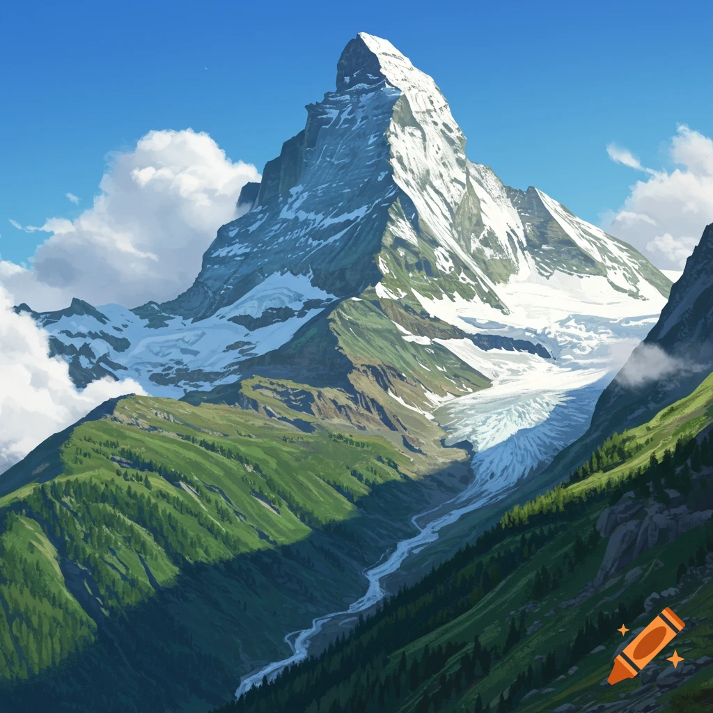 A majestic snow-capped mountain, resembling the Matterhorn, rises above lush green valleys with a glacier and winding river under a blue sky with white clouds.