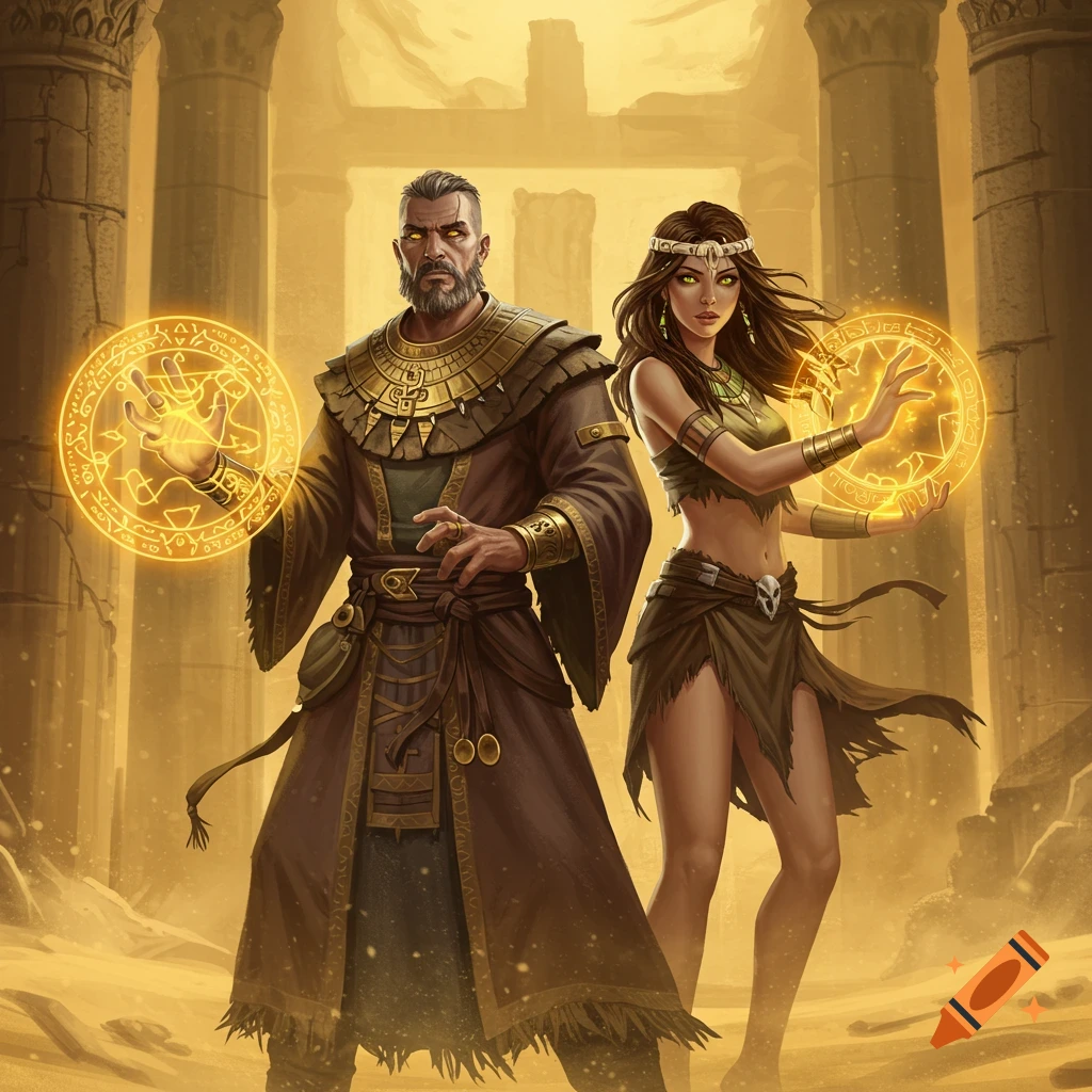 Fantasy art of a male wizard and a female sorceress casting spells with glowing symbols in ancient desert temple ruins.