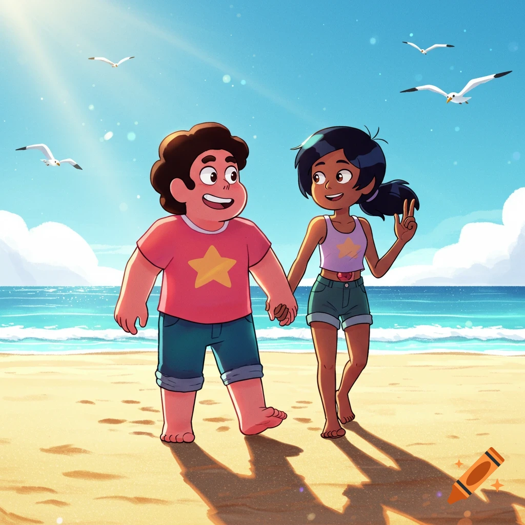 Cartoon characters Steven Universe and Connie walk hand-in-hand on a sunny beach, barefoot, with seagulls flying above.