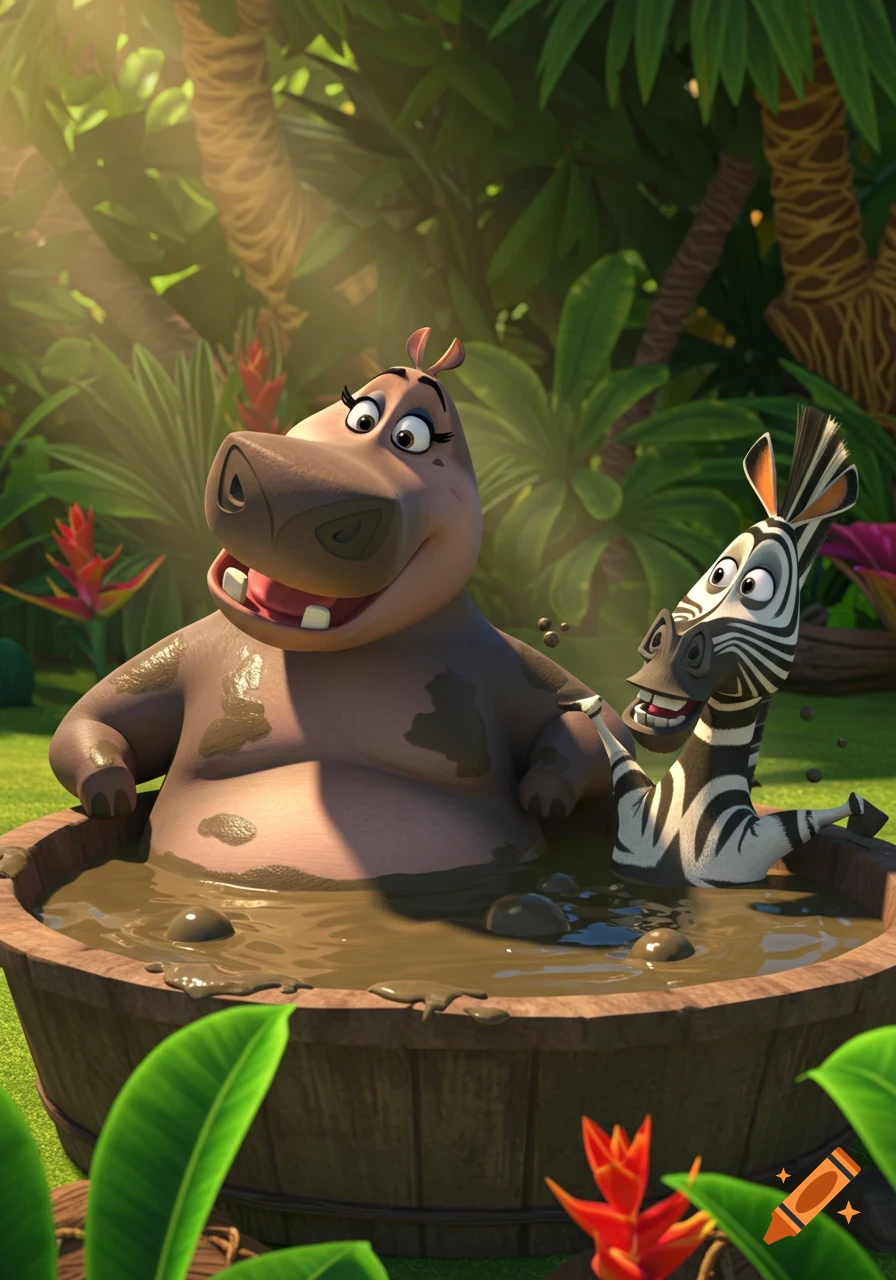 Gloria the hippo and Marty the zebra relaxing in a wooden mud bath in a lush jungle, 3D cartoon style.