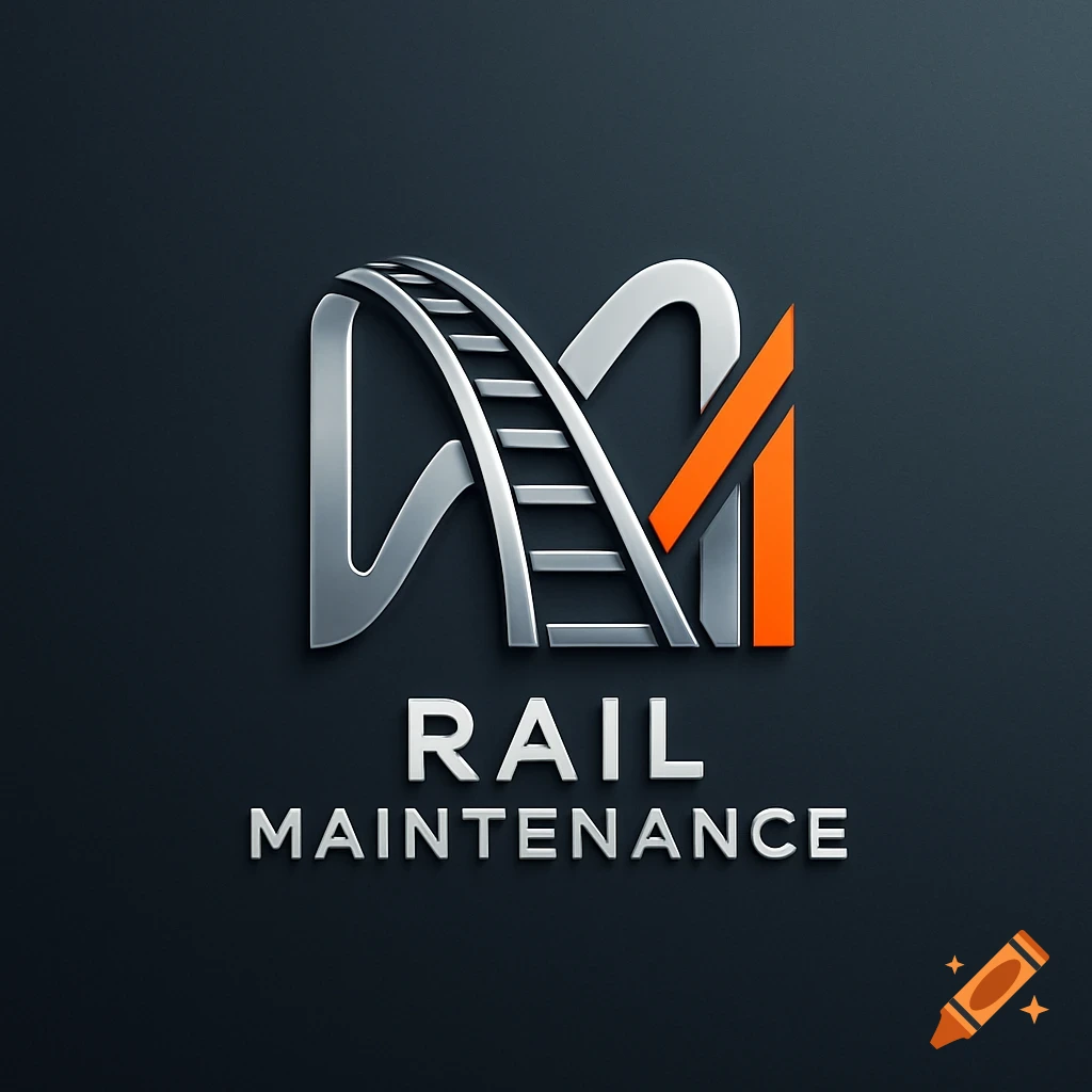 A sleek 3D silver and orange logo for Rail Maintenance, featuring a stylized M that incorporates a train track design, on a dark grey background.