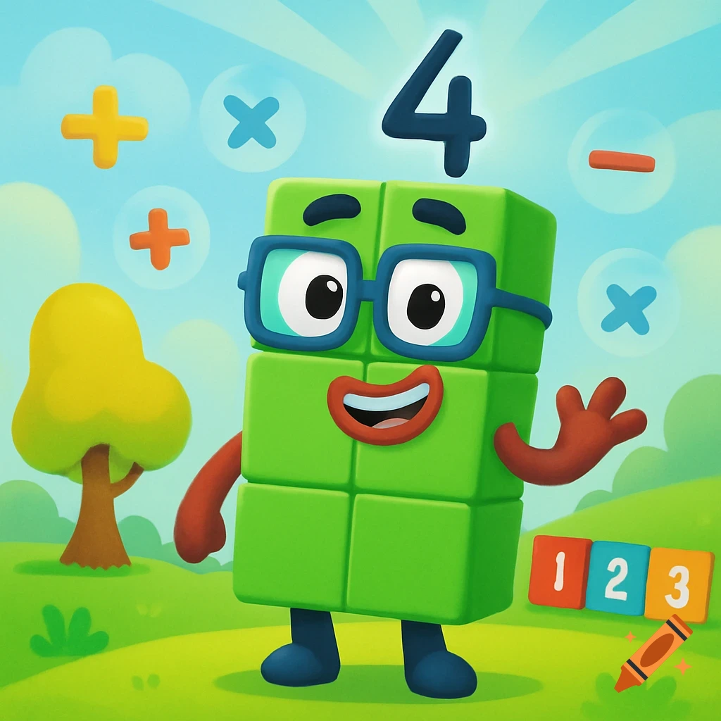Cartoon of a green block character with glasses, big eyes, and red mouth, wearing a '4' on its head. Math symbols and other numbers are in the background.