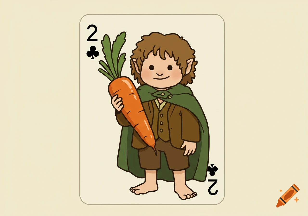 Clip art of a hobbit holding a large carrot, depicted on a playing card with the number two and a club symbol.