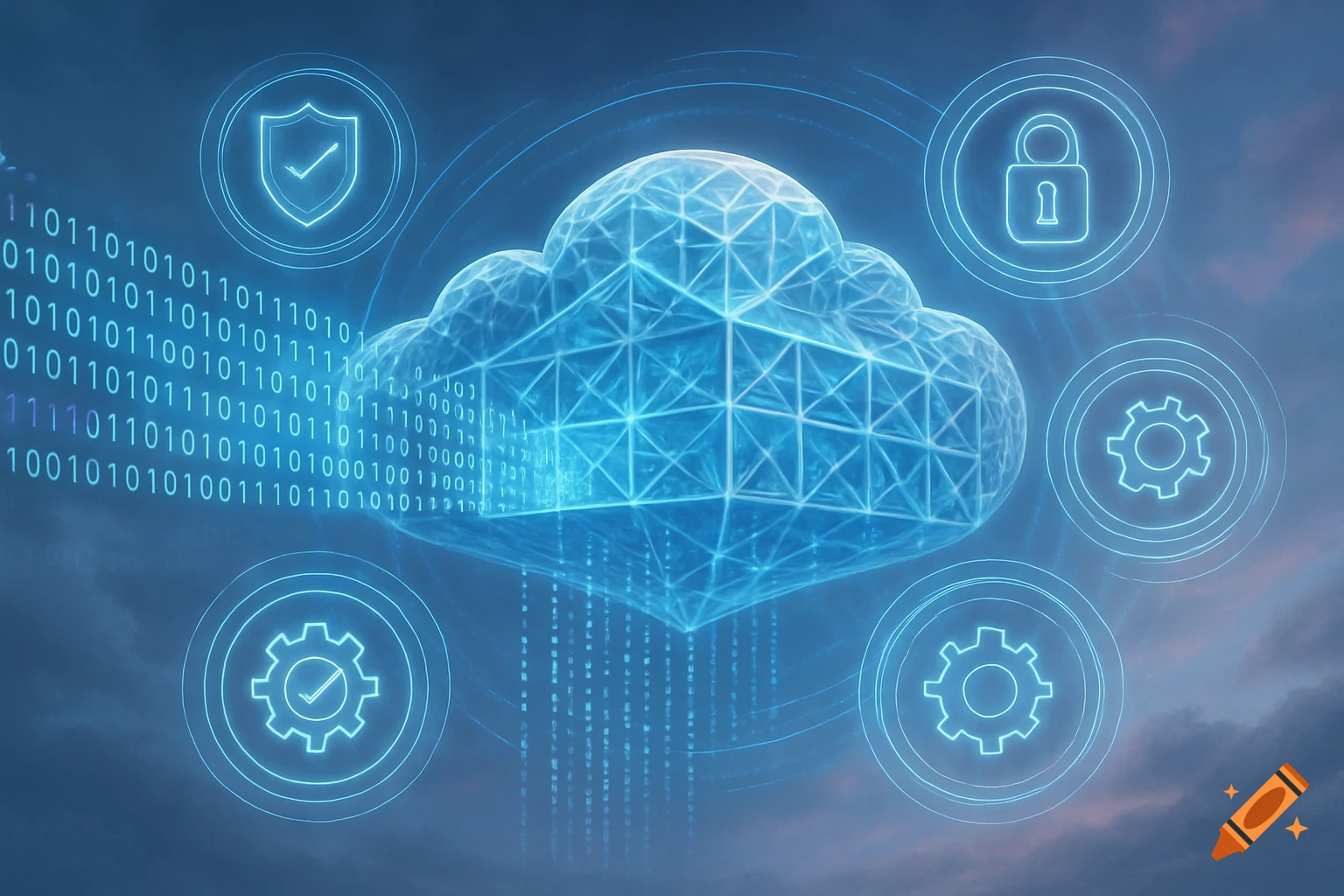 Digital rendering of a polygonal cloud icon with data streams and surrounding security, lock, and gear icons against a blue cloudy sky, representing cloud data governance.
