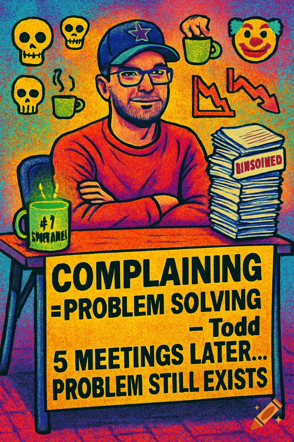 Comic-book style illustration of a man with glasses and a cap sitting at a table with a sign that reads, "COMPLAINING = PROBLEM SOLVING – Todd 5 MEETINGS LATER… PROBLEM STILL EXISTS". Skulls, a clown face, and graphs float around him.