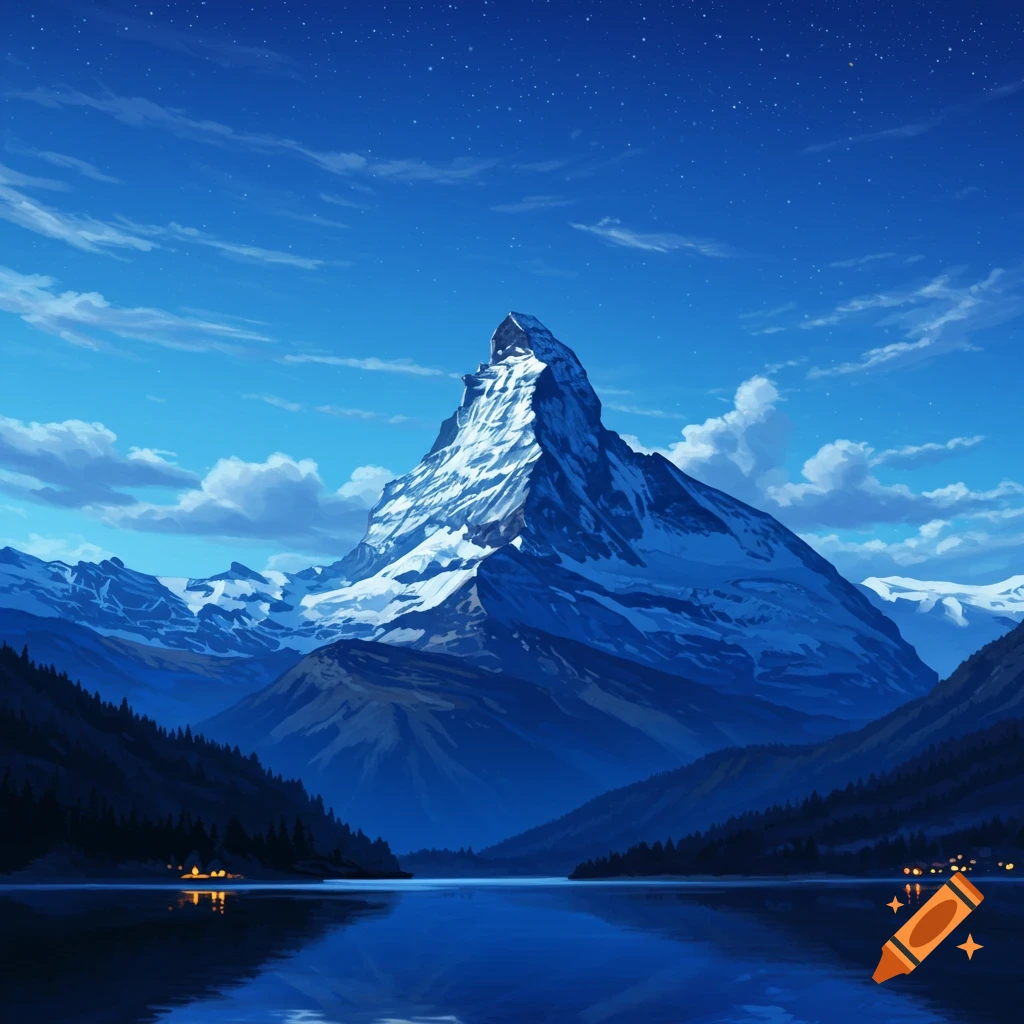 Digital painting of a snow-capped mountain reflecting in a calm lake under a starry blue night sky, with forest on the shores.