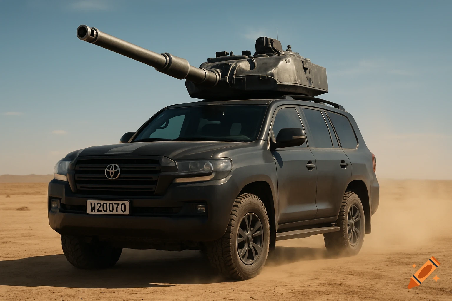 A dark grey Toyota Land Cruiser with a tank turret mounted on its roof kicks up dust on a sandy plain under a clear blue sky.