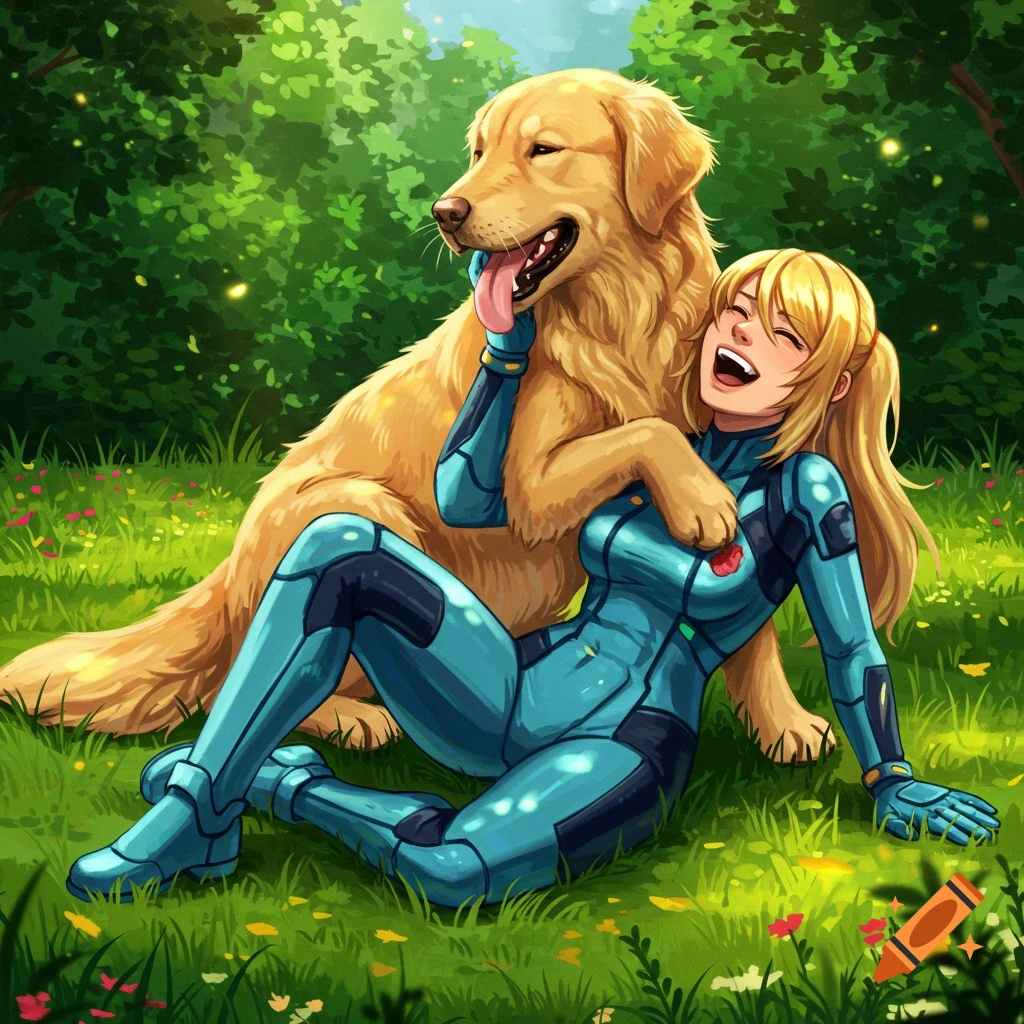 Anime-style Zero Suit Samus laughs as a golden retriever licks her face in a lush green forest.