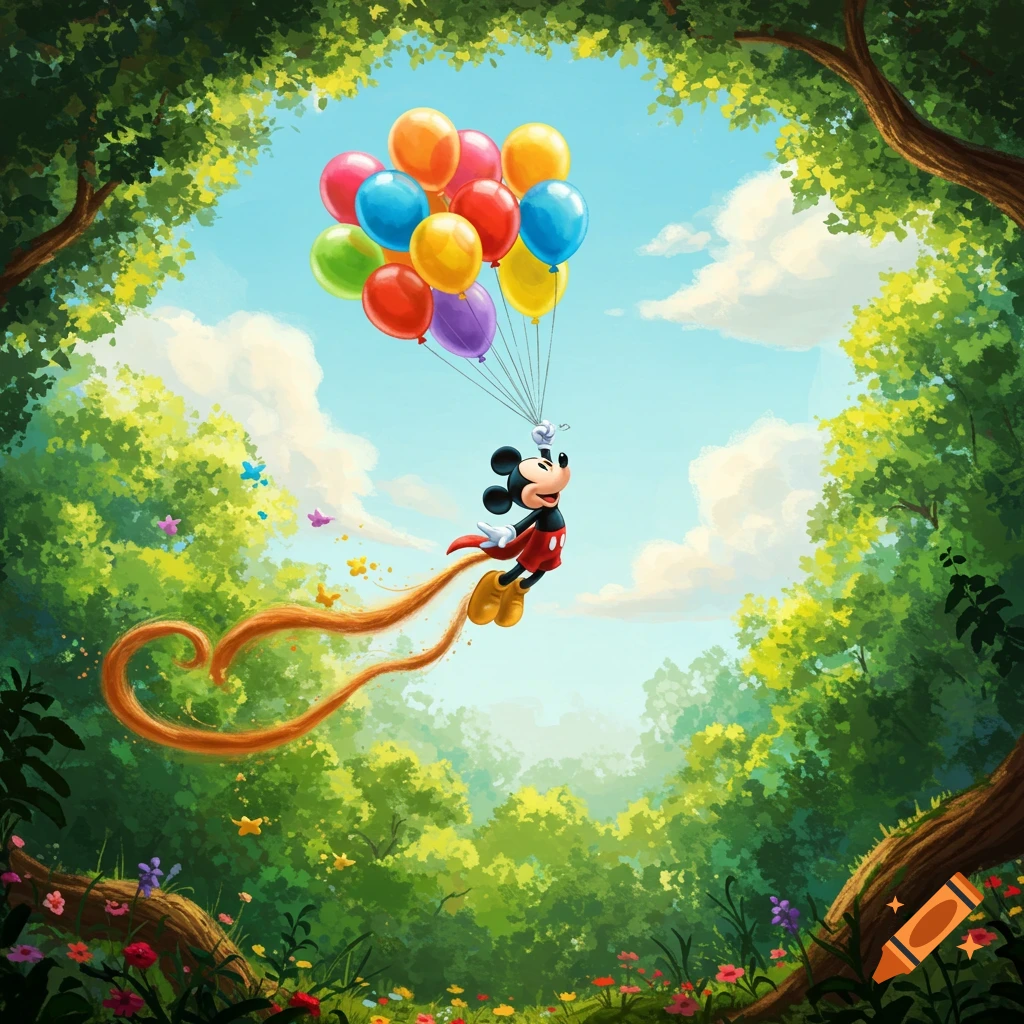 Mickey Mouse flies high with colorful balloons through a vibrant green forest with a long brown trail.