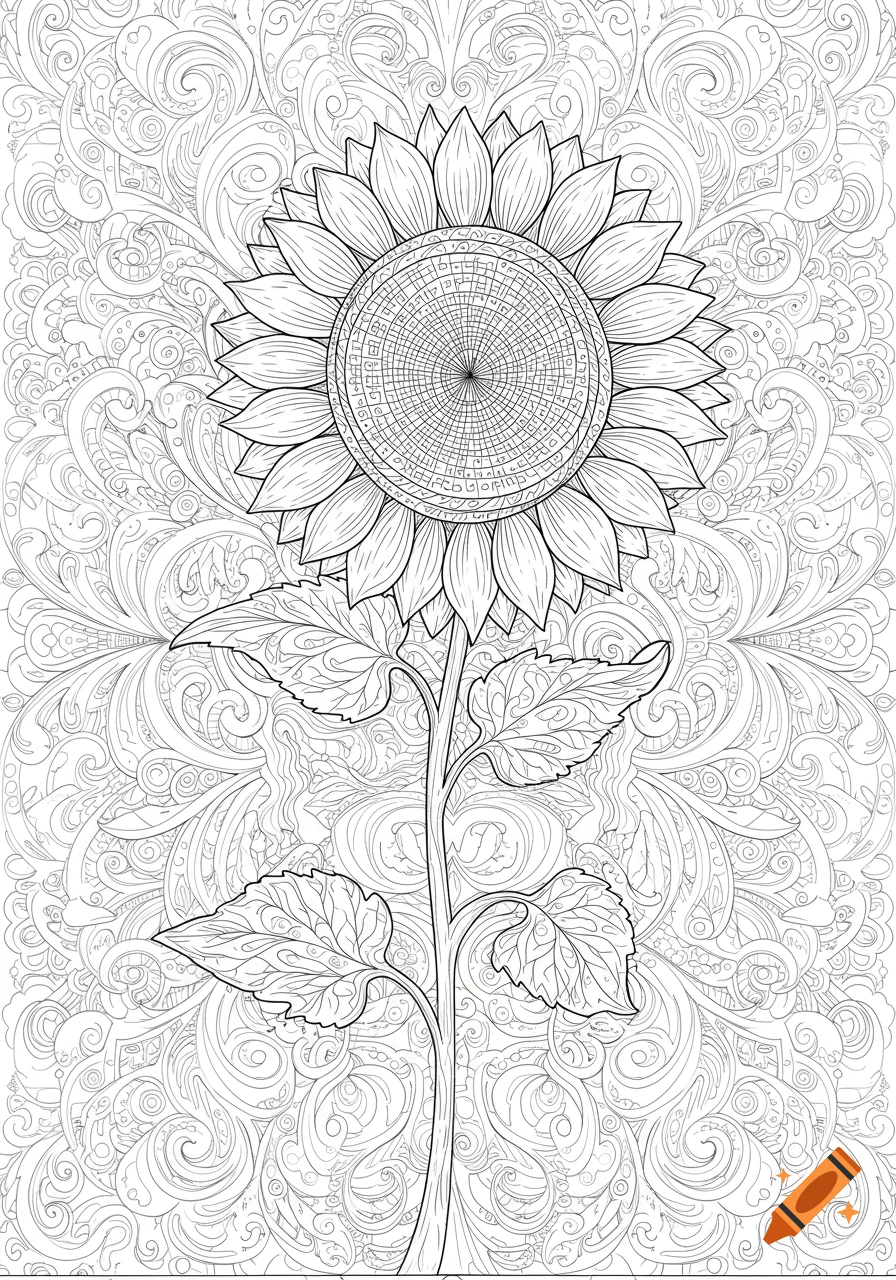 Intricate black-and-white line art illustration of a sunflower with swirling volutes and ornamental motifs on its petals and stem, against a dense background of similar patterns.