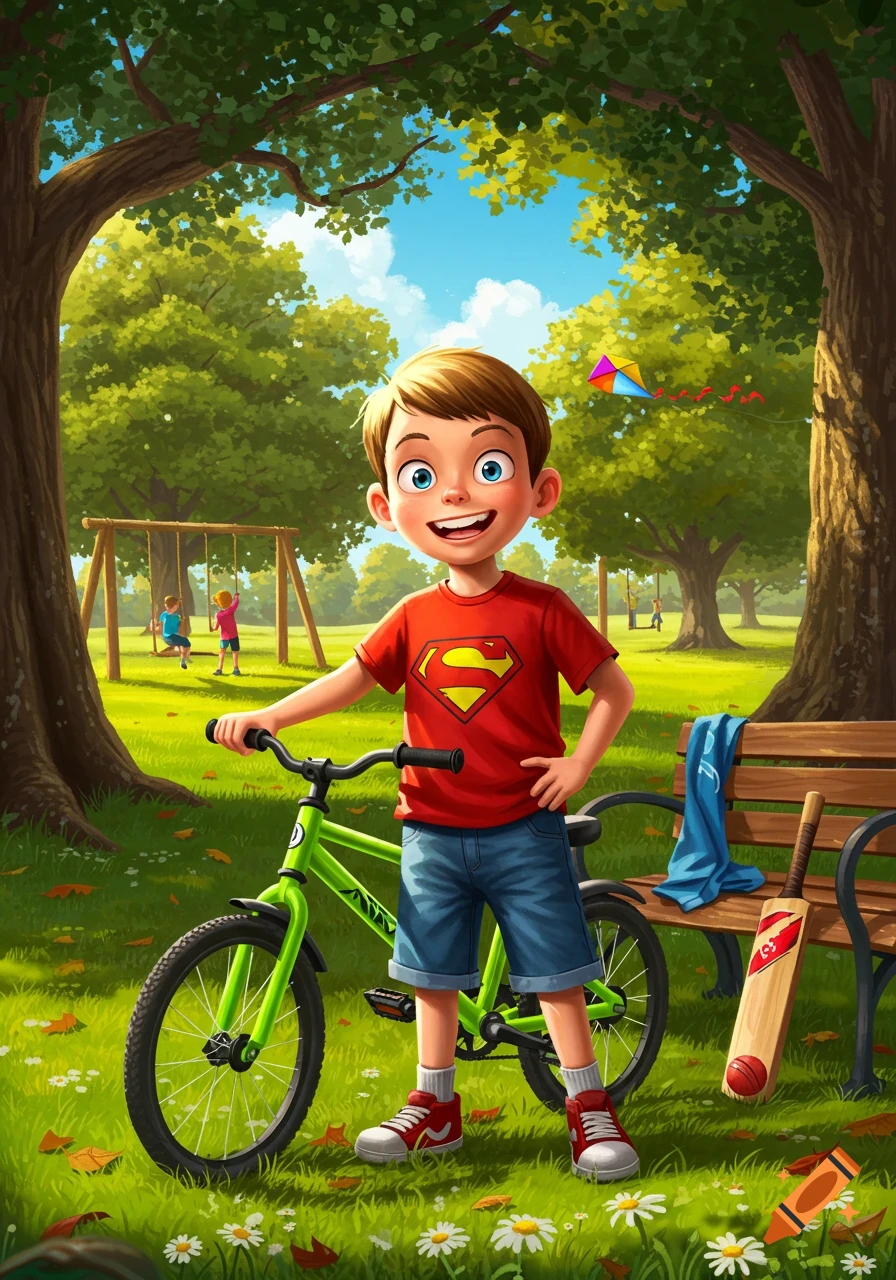 A smiling cartoon boy in a Superman shirt stands with a green bicycle in a sunny park. Other children play on swings in the background, and a kite flies in the sky.