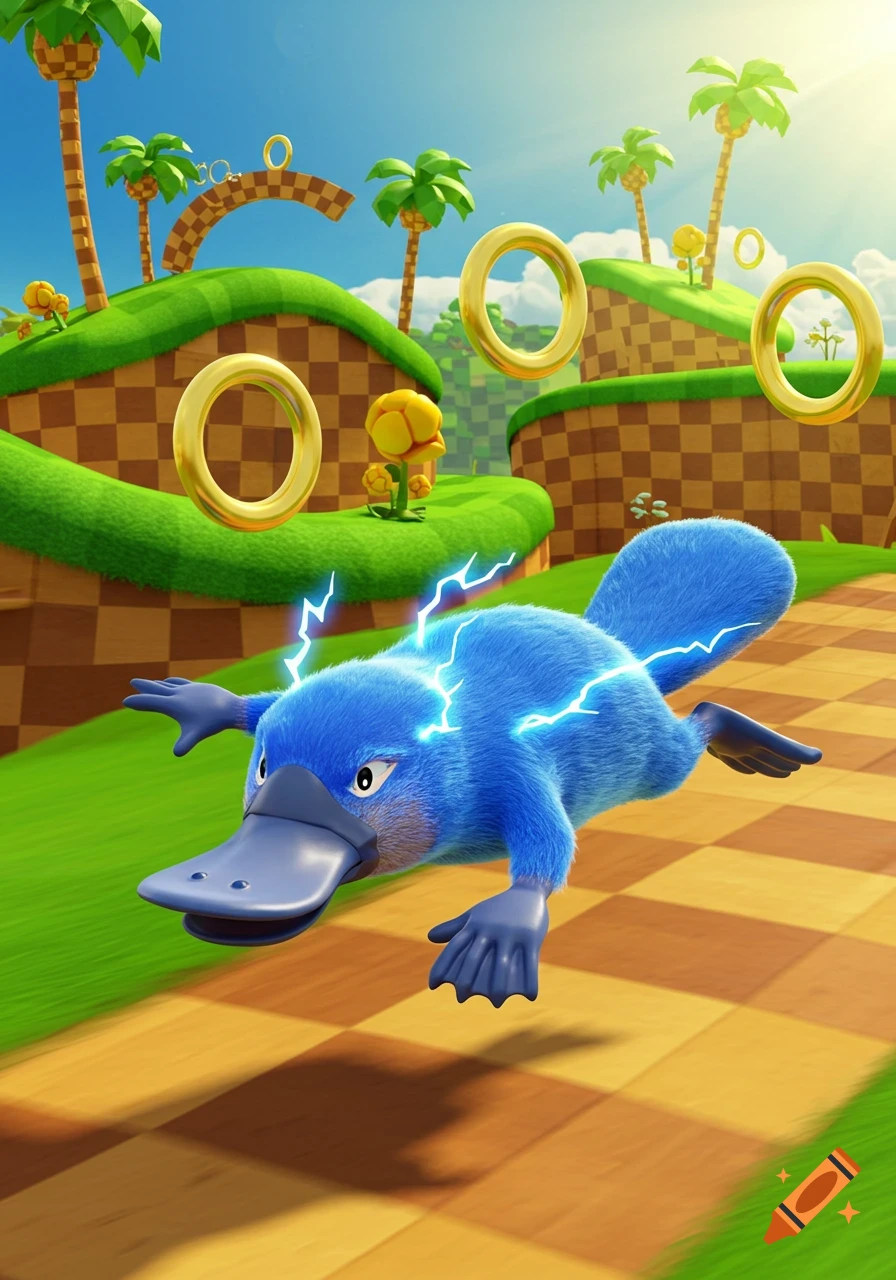 A blue, fuzzy platypus with lightning bolts runs across a checkered path in a vibrant Sonic the Hedgehog-style landscape with golden rings and palm trees.