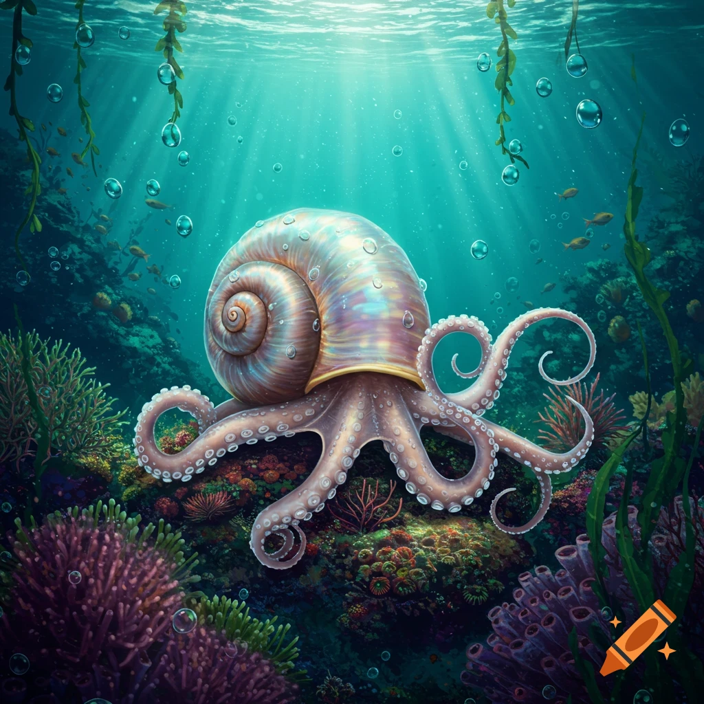 A whimsical snail-octopus hybrid rests on a vibrant coral reef, with sunbeams filtering through the clear blue water.