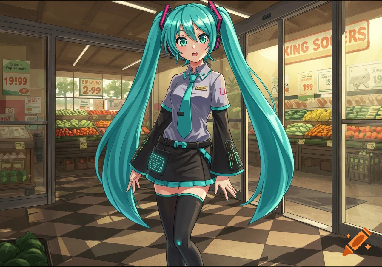 Hatsune Miku, in anime style, stands in a grocery store aisle with her signature long teal pigtails, surrounded by produce and shelves.