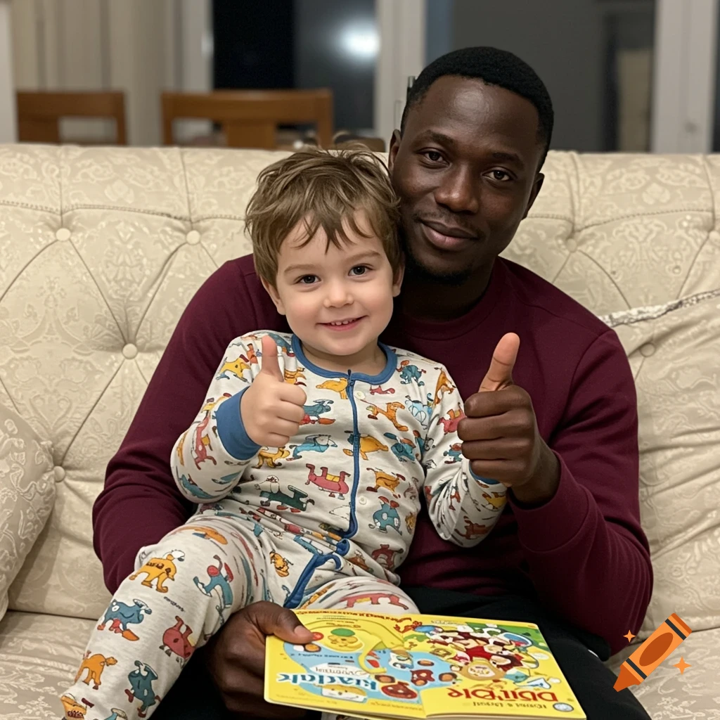 A smiling African father holding his son on a couch, both giving a thumbs up. The son wears animal pajamas and holds a book.