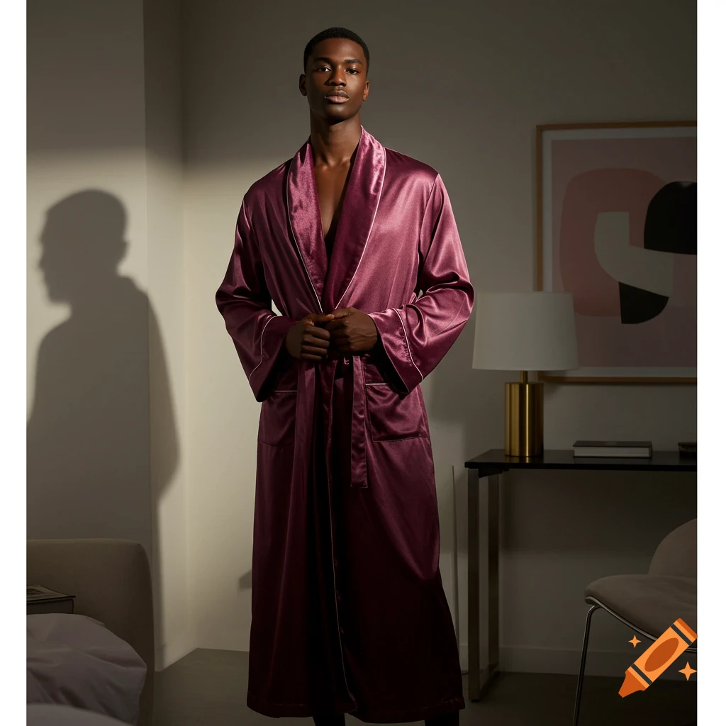 A photorealistic image of a young man in a dark pink satin dressing gown standing in a dimly lit room.