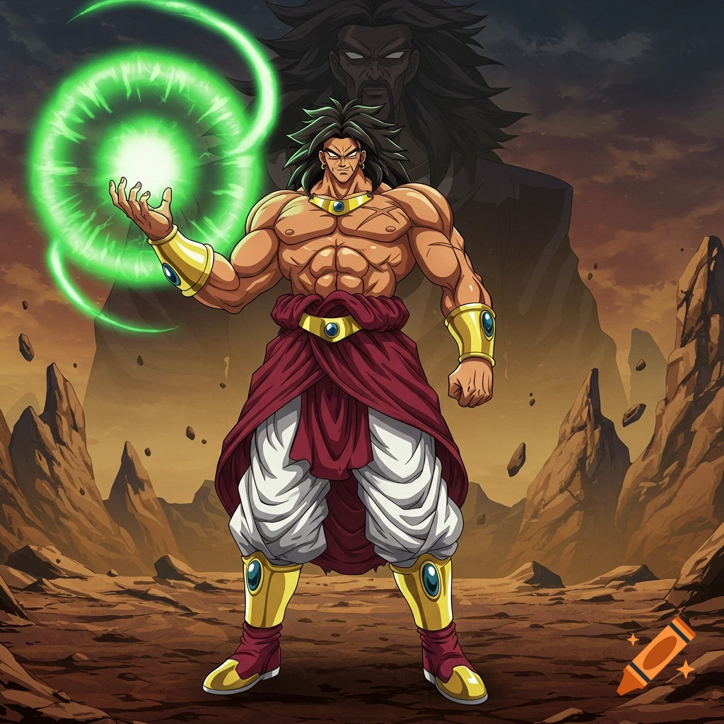 An anime illustration of muscular Broly with long dark hair, wearing maroon and gold, holding a glowing green energy sphere, with a shadowy figure behind him in a rocky landscape.