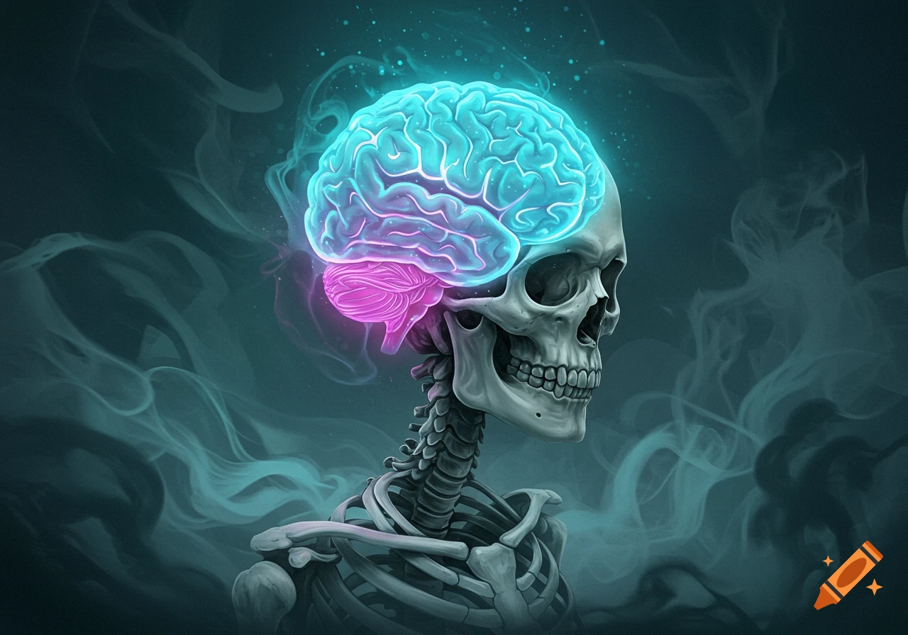 A stylized grey skeleton bust with a glowing turquoise and pink brain, against a smoky dark blue background.