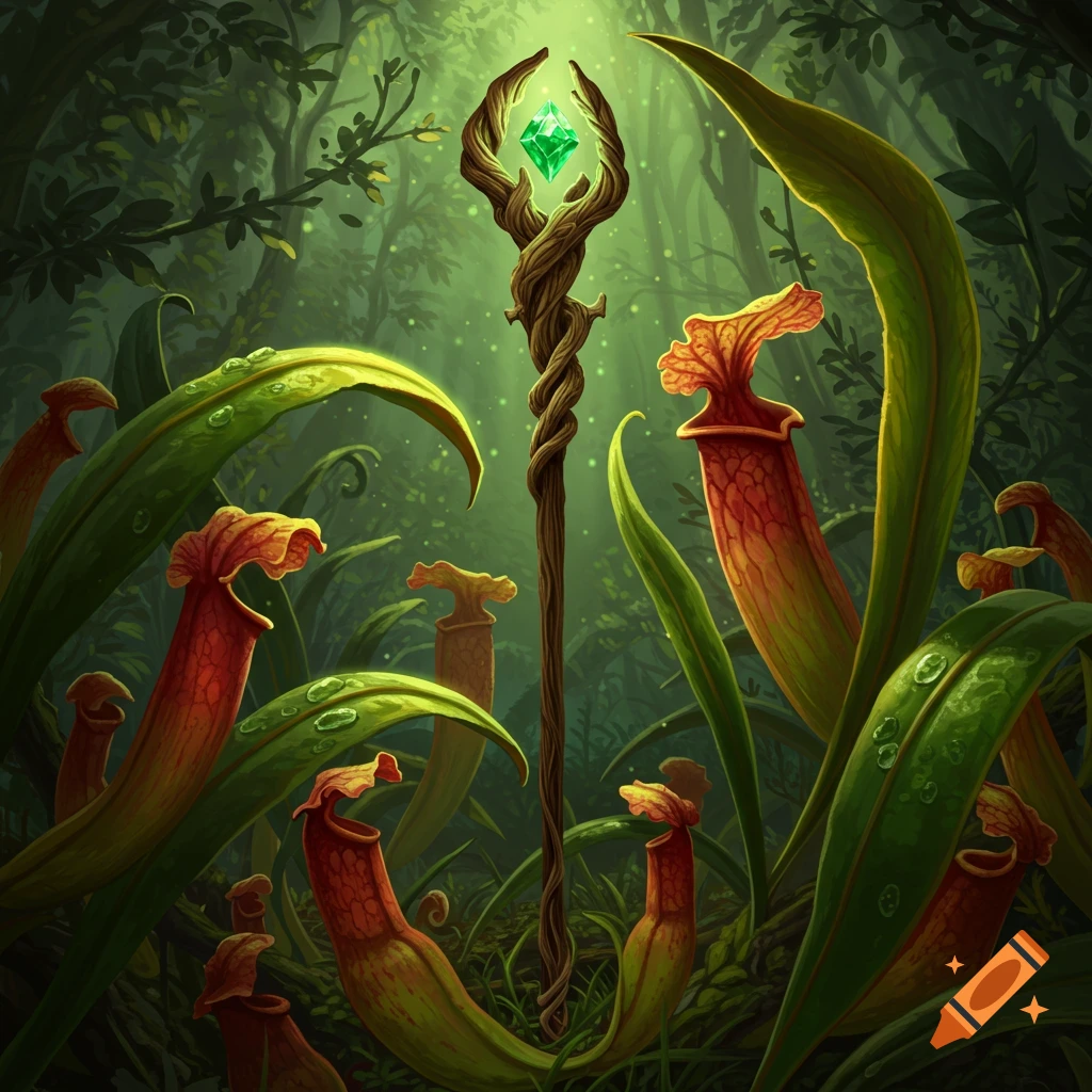 A twisted wooden magic staff with a glowing green crystal stands amidst large red and green pitcher plants in a luminous forest.