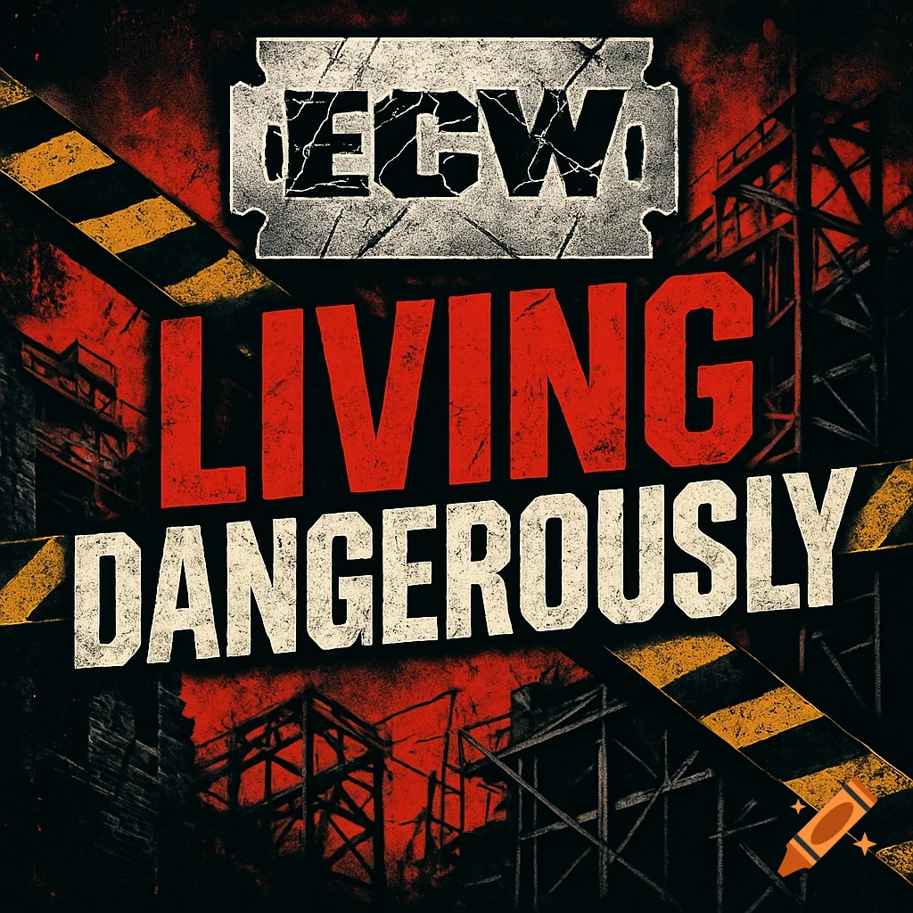 Grunge-style ECW Living Dangerously logo with a razor blade motif, set against hazard stripes and broken scaffolding in red and black tones.