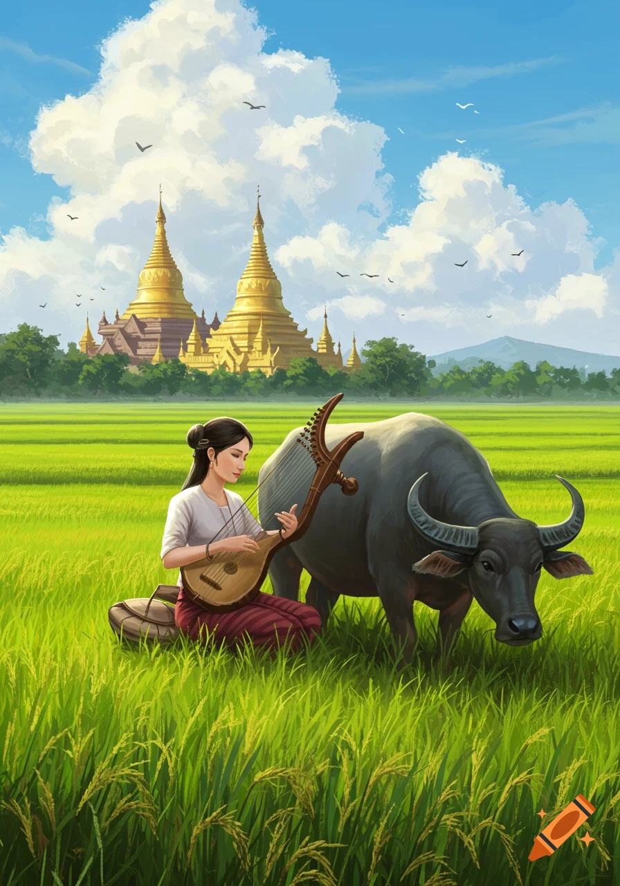 A Burmese woman plays a traditional harp by a water buffalo in a green rice field, with golden pagodas under a blue sky.
