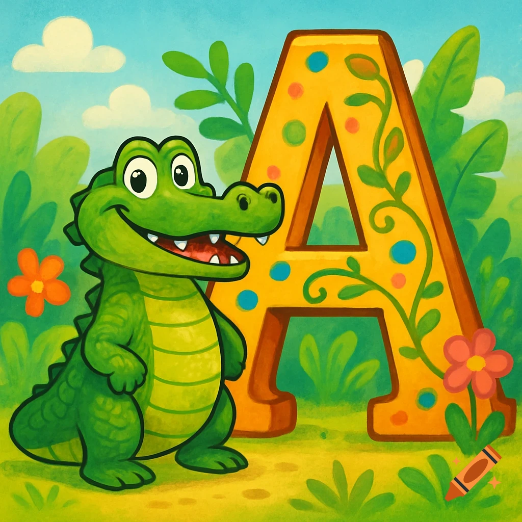 A cartoon alligator smiling, standing in a lush green landscape with a large, decorative letter 'A' behind it.