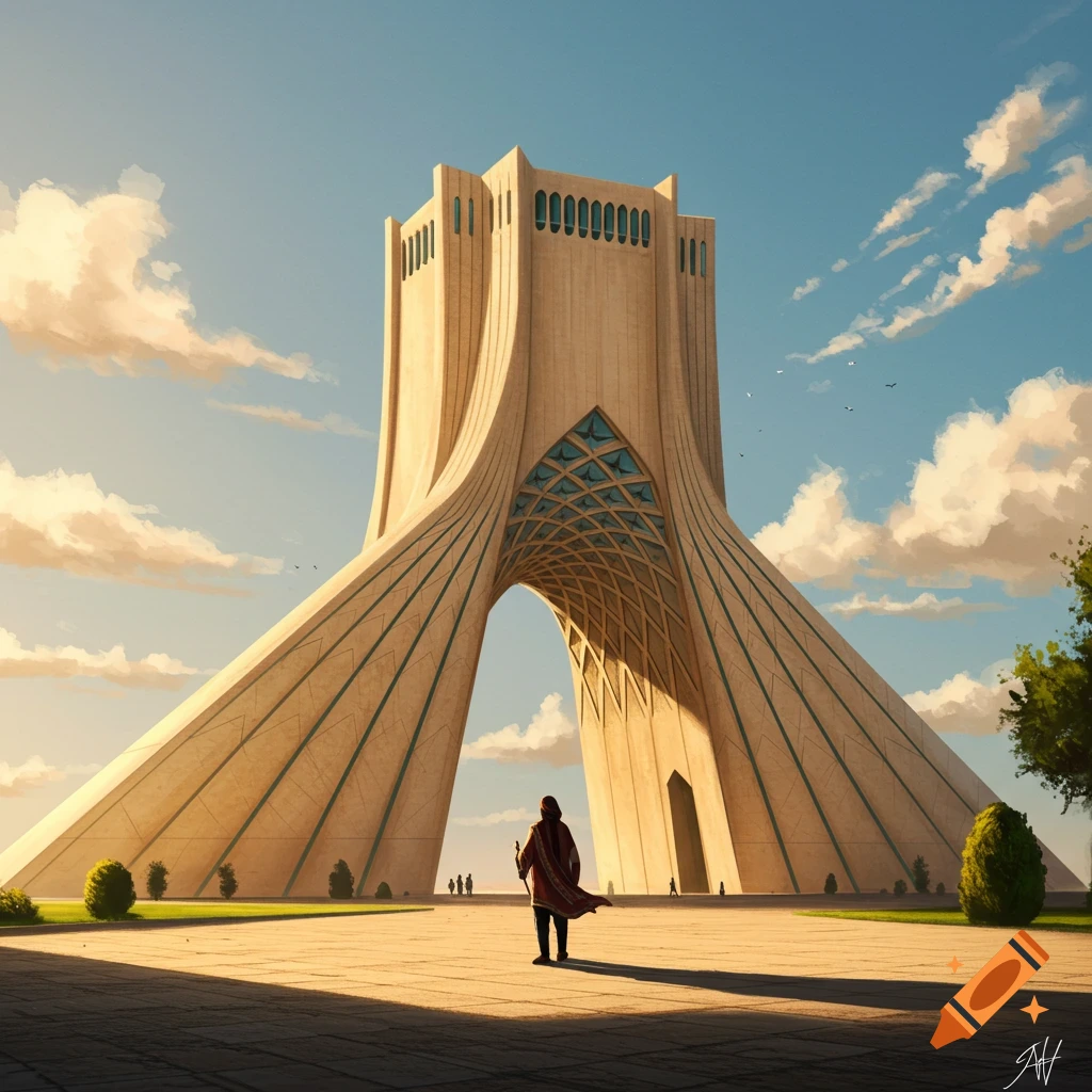 An illustrative view of the Azadi Tower in Tehran, a large beige monument, with a person standing in front, under a blue sky with clouds.