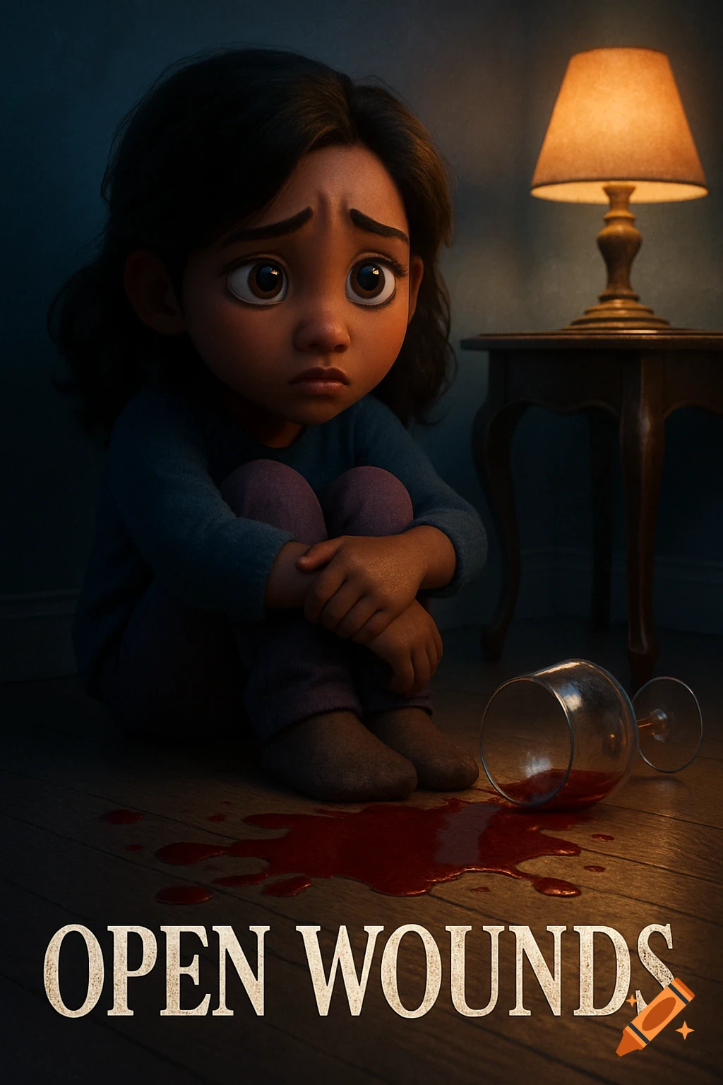 A sad, dark-haired animated girl sits on a dimly lit floor next to spilled red liquid and a broken glass. Title: OPEN WOUNDS.