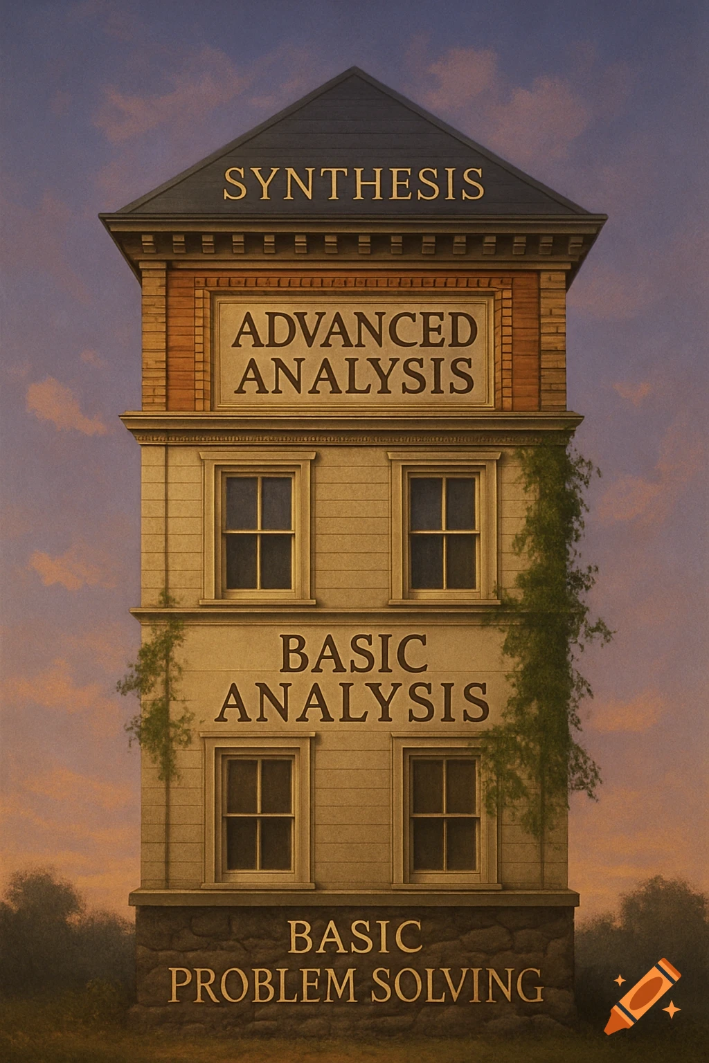 A multi-story building conceptualizing problem-solving with text: Synthesis, Advanced Analysis, Basic Analysis, Basic Problem Solving.
