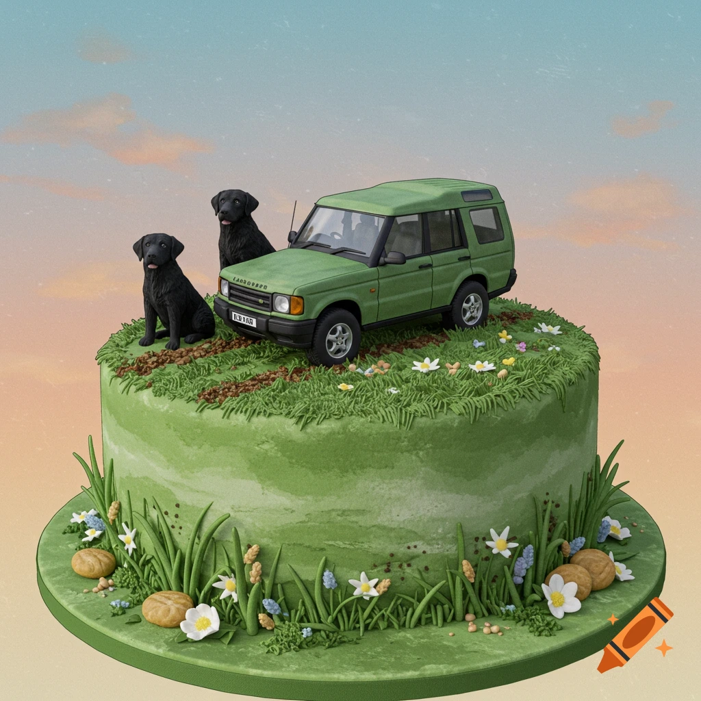 A green single-tiered cake decorated with a green Land Rover Defender, two black Labrador dogs, grass, and white and purple flowers.