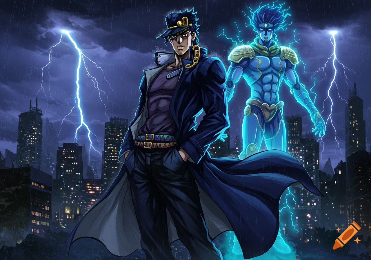 Anime illustration of Jotaro Kujo and Star Platinum standing in a rainy city at night with lightning.