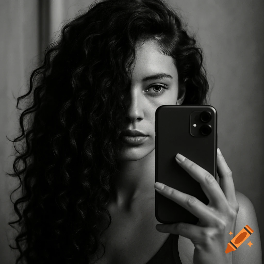 Monochrome close-up of a woman with curly hair holding a phone, one eye visible, taking a selfie.
